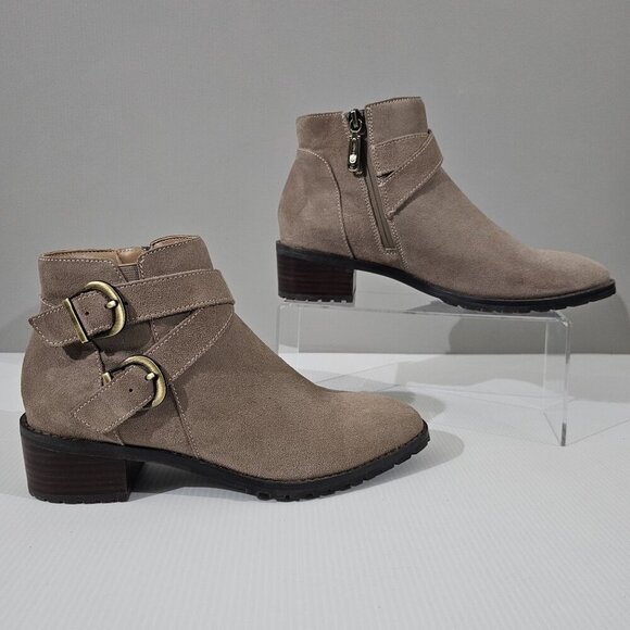 NEW Blondo Shanna Ankle Bootie Womens 7.5 Mushroom Taupe Suede Waterproof Moto - Picture 3 of 13